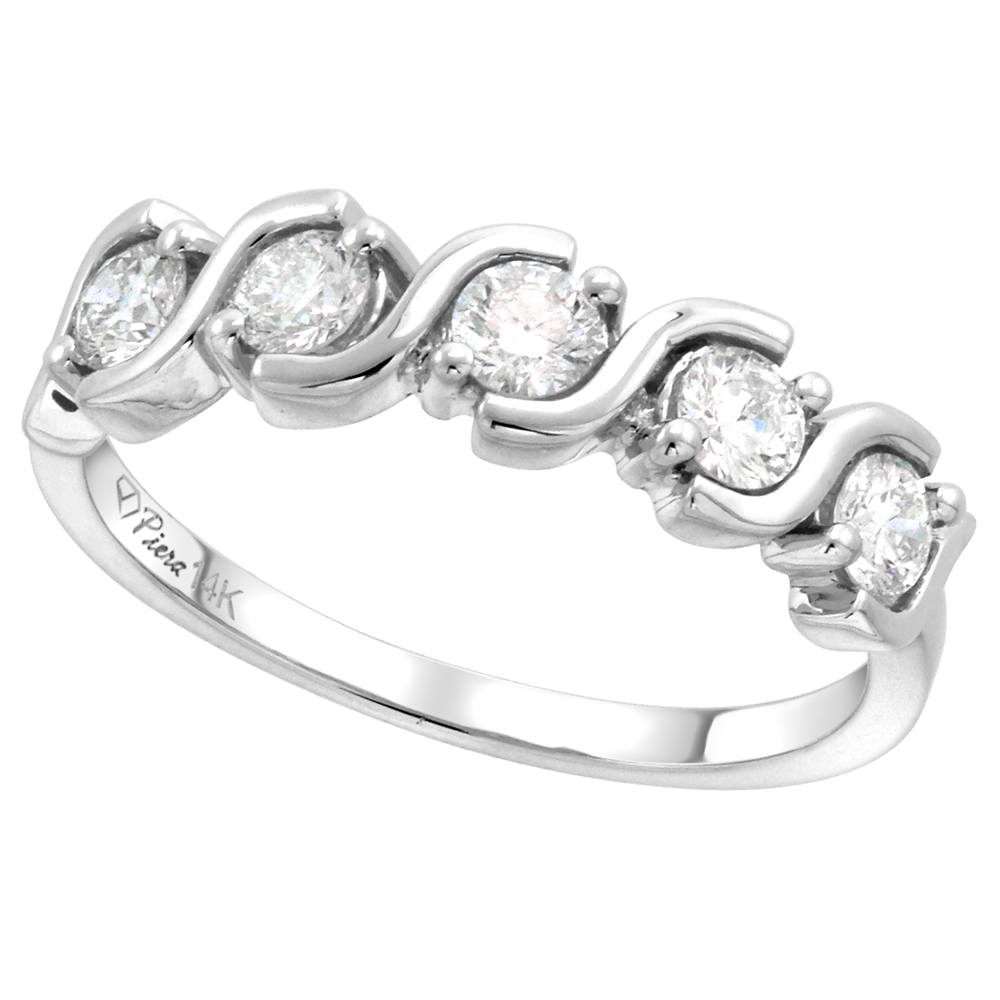 14k White Gold 5-Stone Genuine Diamond Wedding Band Round Brilliant cut 0.6 cttw 3mm, size 5-10