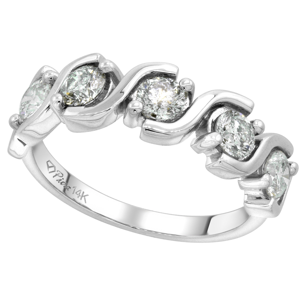 14k White Gold 5-Stone Genuine Diamond Wedding Band Round Brilliant cut 1 cttw 3.7mm, size 5-10