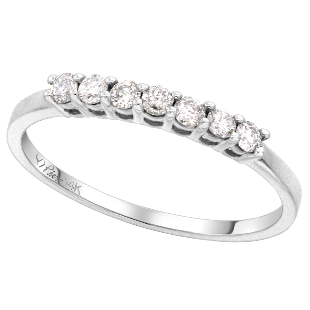 14k White Gold 7-Stone Genuine Diamond Wedding Band Round Brilliant cut 0.30ct 2.1mm, size 5-10