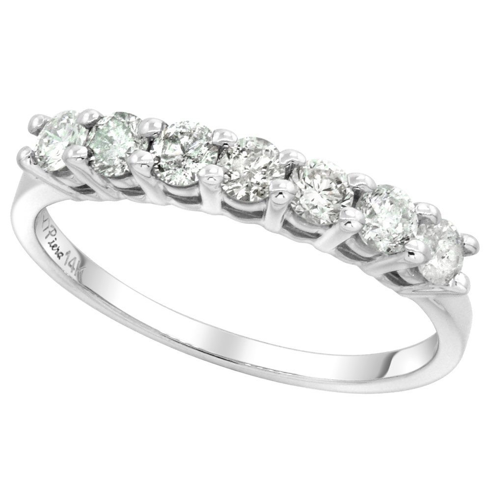 14k White Gold 7-Stone Genuine Diamond Wedding Band Round Brilliant cut 0.6ct 2.7mm, size 5-10