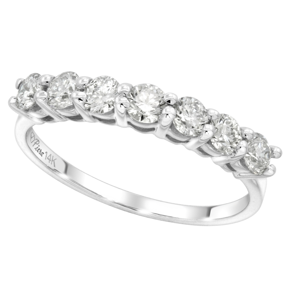 14k White Gold 7-Stone Genuine Diamond Wedding Band Round Brilliant cut 0.81ct 3mm, size 5-10