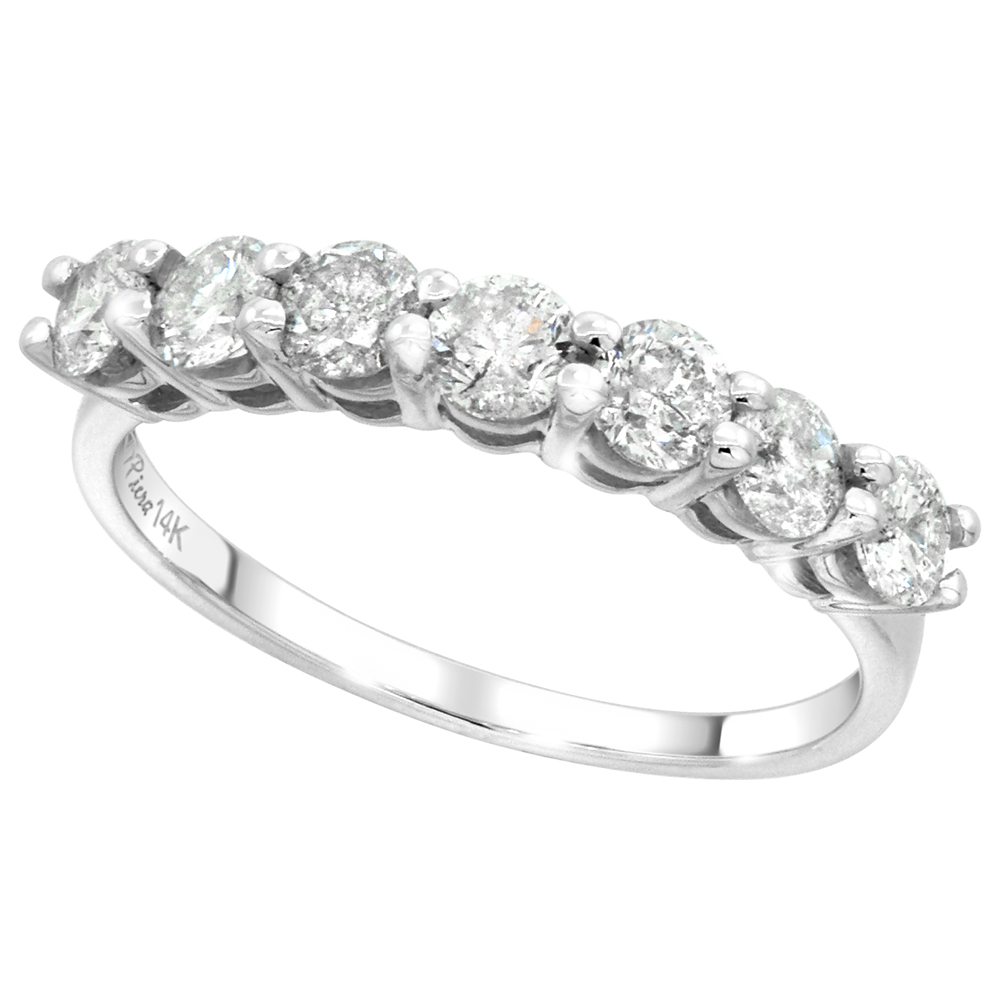 14k White Gold 7-Stone Genuine Diamond Wedding Band Round Brilliant cut 1.1ct 3.3mm, size 5-10