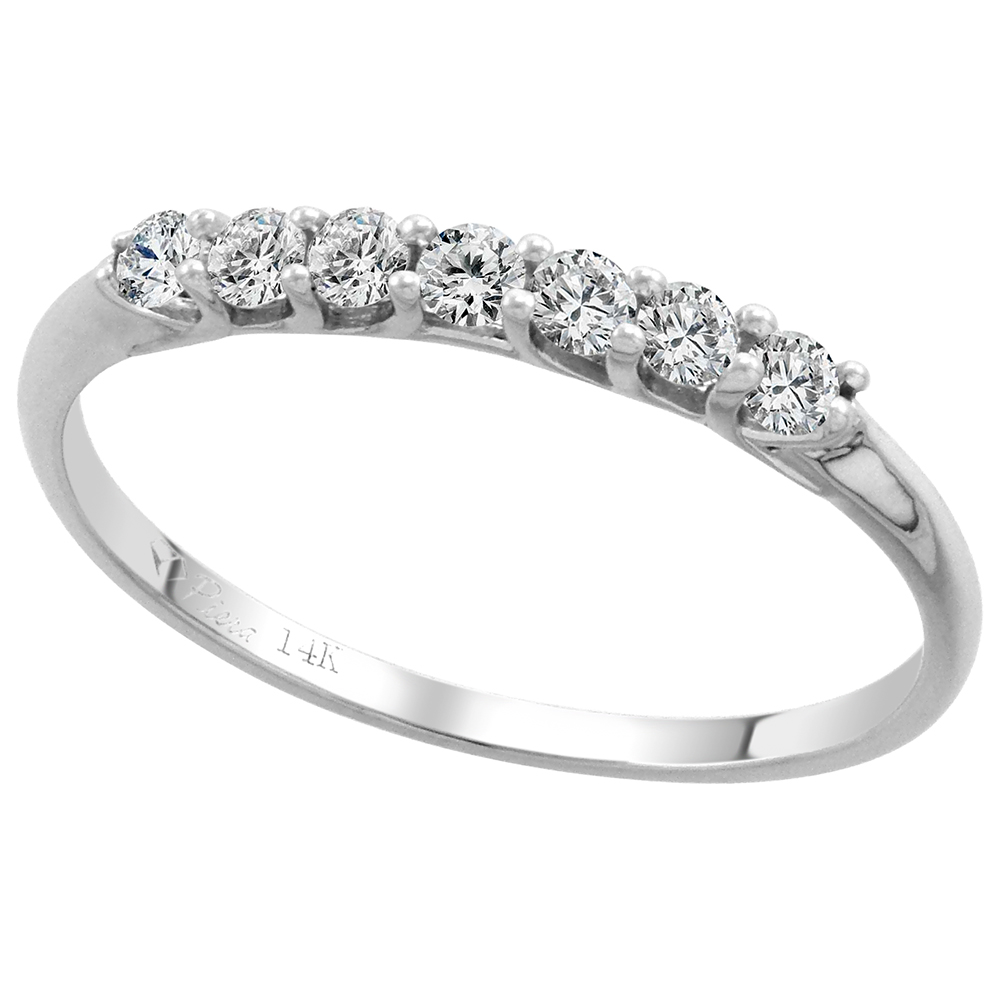 14k White Gold 7-Stone Genuine Diamond Wedding Band Round Brilliant-cut 0.27 cttw 2mm, size 5-10