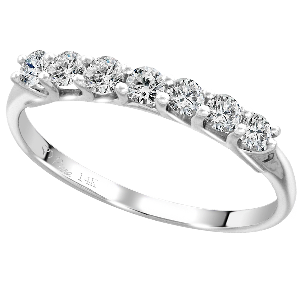 14k White Gold 7-Stone Genuine Diamond Wedding Band Round Brilliant-cut 0.44 cttw 2.4mm, size 5-10