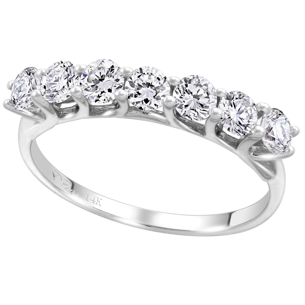 14k White Gold 7-Stone Genuine Diamond Wedding Band Round Brilliant-cut 0.81 cttw 3mm, size 5-10