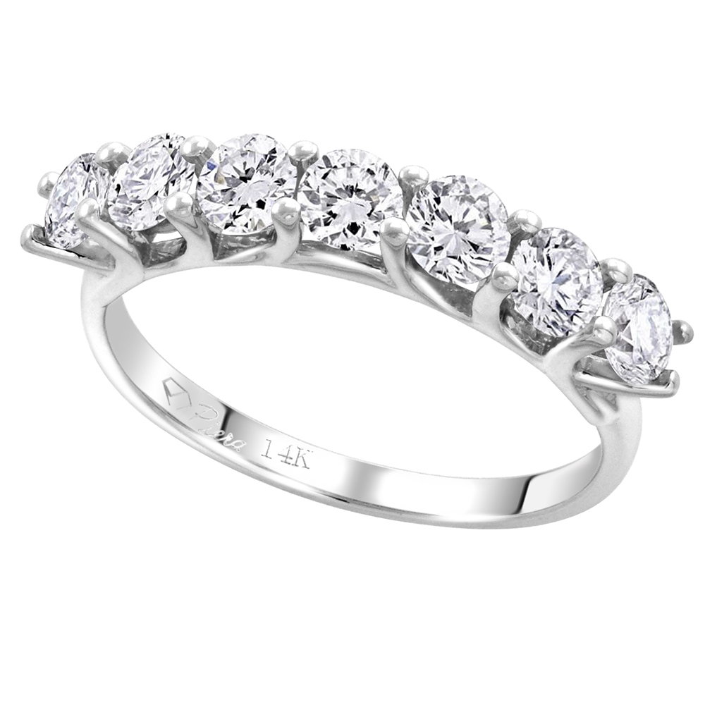 14k White Gold 7-Stone Genuine Diamond Wedding Band Round Brilliant-cut 1.15 cttw 3.4mm, size 5-10