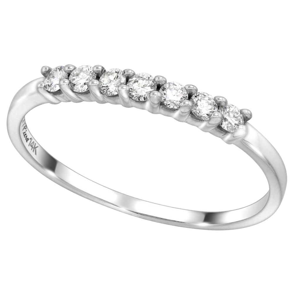 14k White Gold 7-Stone Genuine Diamond Wedding Band Stackable Round Brilliant cut 0.27 cttw 2mm,size5-10
