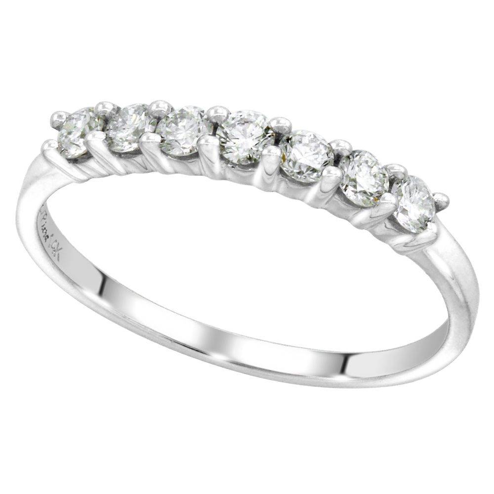 14k White Gold 7-Stone Genuine Diamond Wedding Band Round Brilliant cut 0.44 cttw 2.4mm, size 5-10