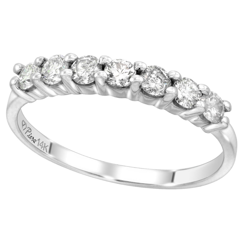 14k White Gold 7-Stone Genuine Diamond Wedding Band Round Brilliant cut 0.6 cttw 2.7mm, size 5-10