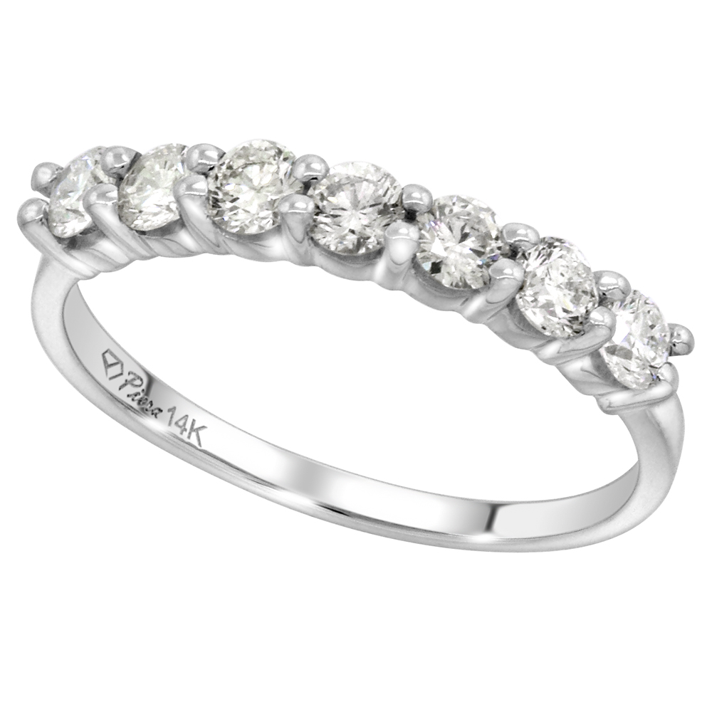 14k White Gold 7-Stone Genuine Diamond Wedding Band Round Brilliant cut 0.81 cttw 3mm, size 5-10