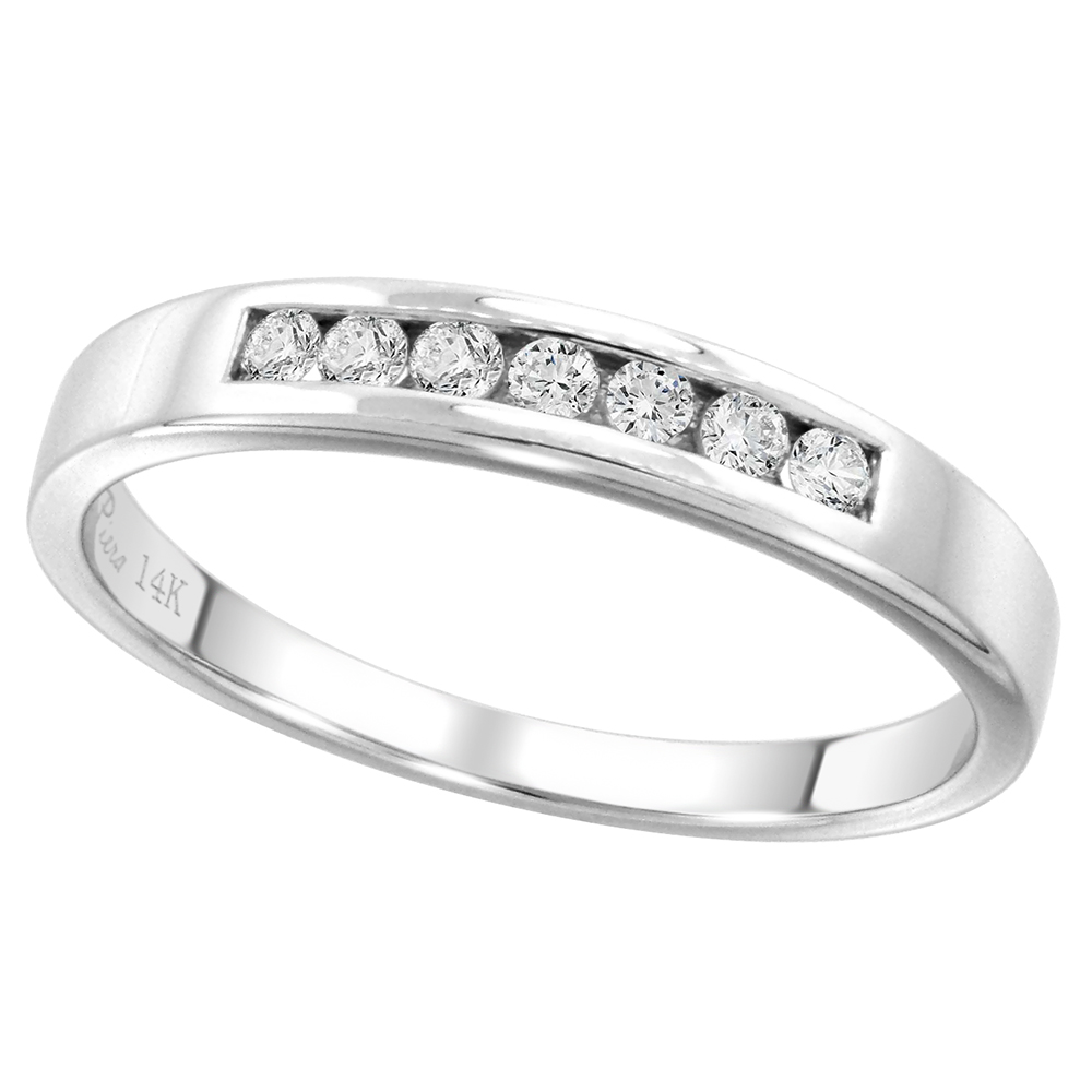 14k White Gold 7-Stone Genuine Diamond Wedding Band Channel Set Round Brilliantcut 0.17 ct 1.7mm,size5-10