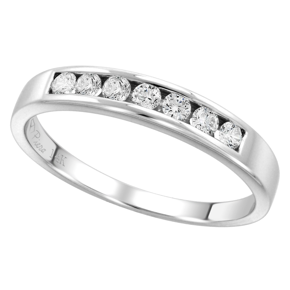 14k White Gold 7-Stone Genuine Diamond Wedding Band Channel Set Round Brilliant cut 0.27 ct 2mm,size5-10