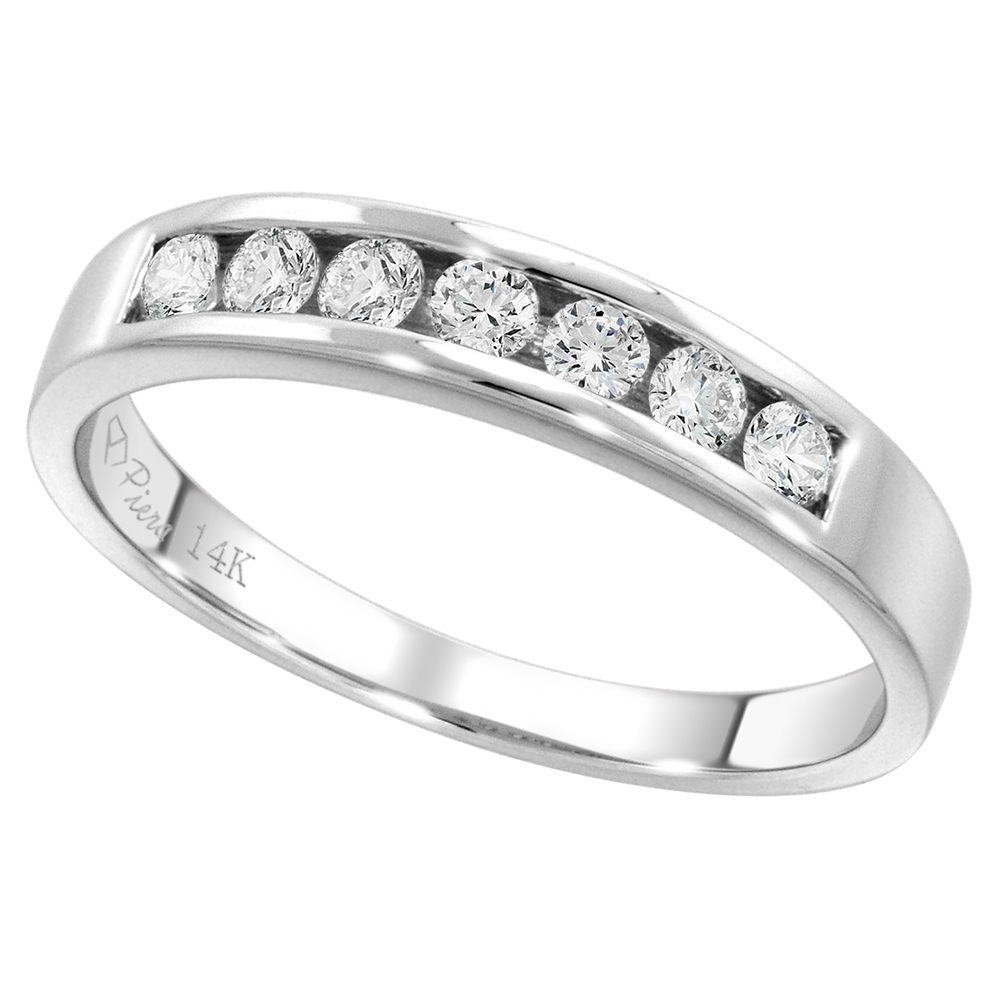 14k White Gold 7-Stone Genuine Diamond Wedding Band Channel Set Round Brilliantcut 0.34 ct 2.2mm,size5-10