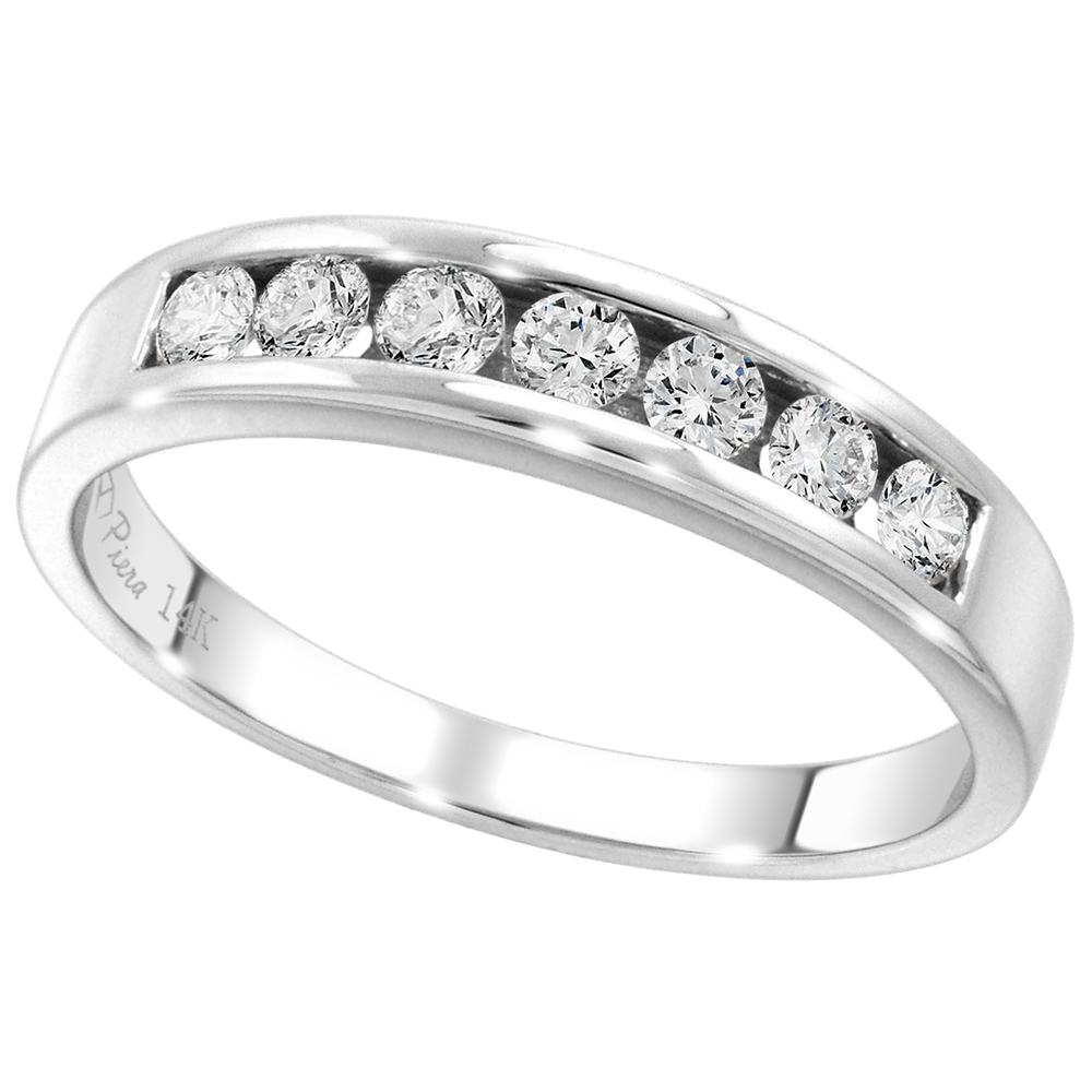 14k White Gold 7-Stone Genuine Diamond Wedding Band Channel Set Round Brilliantcut 0.44 ct 2.4mm,size5-10
