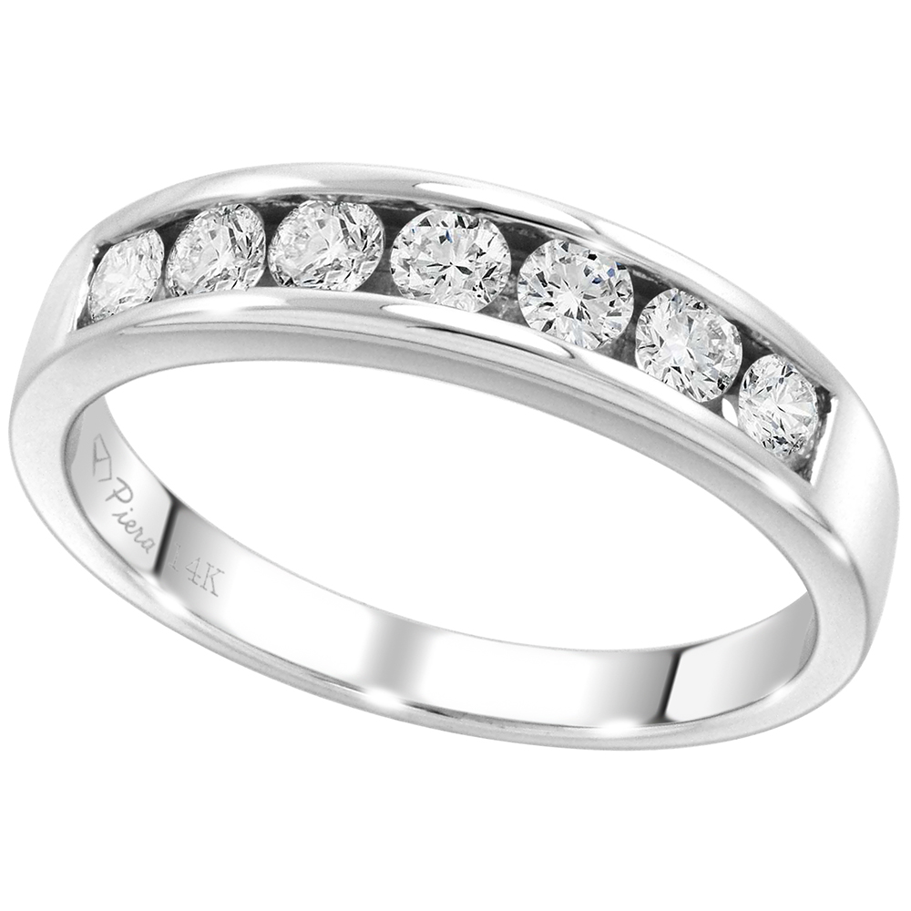 14k White Gold 7-Stone Genuine Diamond Wedding Band Channel Set Round Brilliant cut 0.6 ct 2.7mm,size5-10