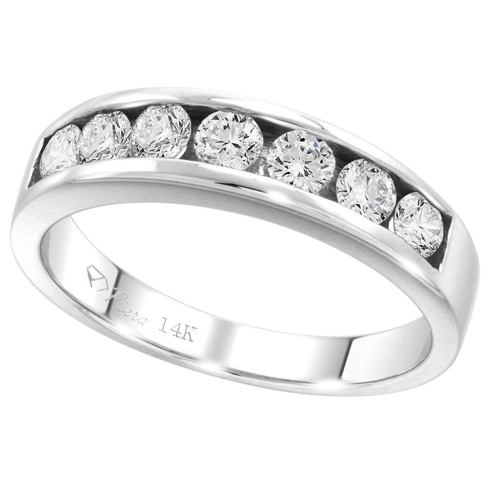 14k White Gold 7-Stone Genuine Diamond Wedding Band Channel Set Round Brilliantcut 0.8 ct 2.9mm,size5-10