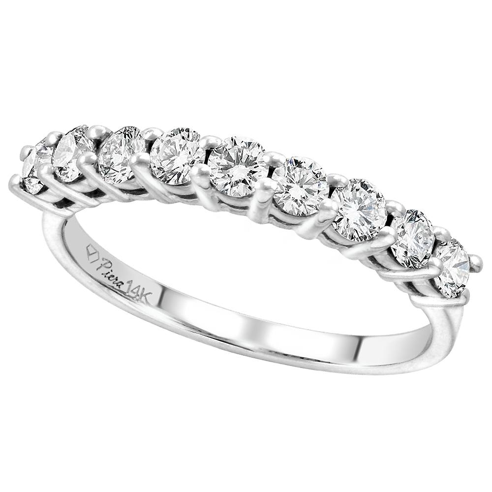 14k White Gold 9-Stone Genuine Diamond Wedding Band Round Brilliant cut 0.86 cttw 2.8mm, size 5 - 10