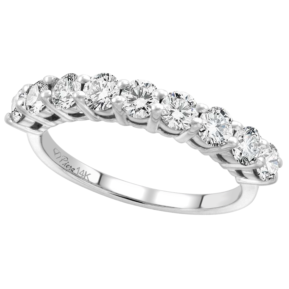 14k White Gold 9-Stone Genuine Diamond Wedding Band Round Brilliant cut 1.2 cttw 3.1mm, size 5 - 10