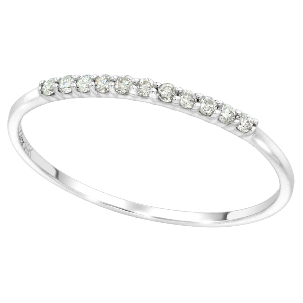 14k White Gold 0.12cttw Genuine Diamond 11-Stone Wedding Band Round Brilliant Cut 1.3mm, size 5-10