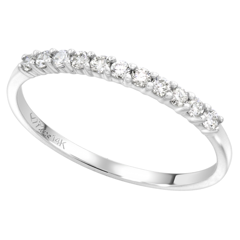 14k White Gold 0.26cttw Genuine Diamond 11-Stone Wedding Band Round Brilliant Cut 1.7mm, size 5-10