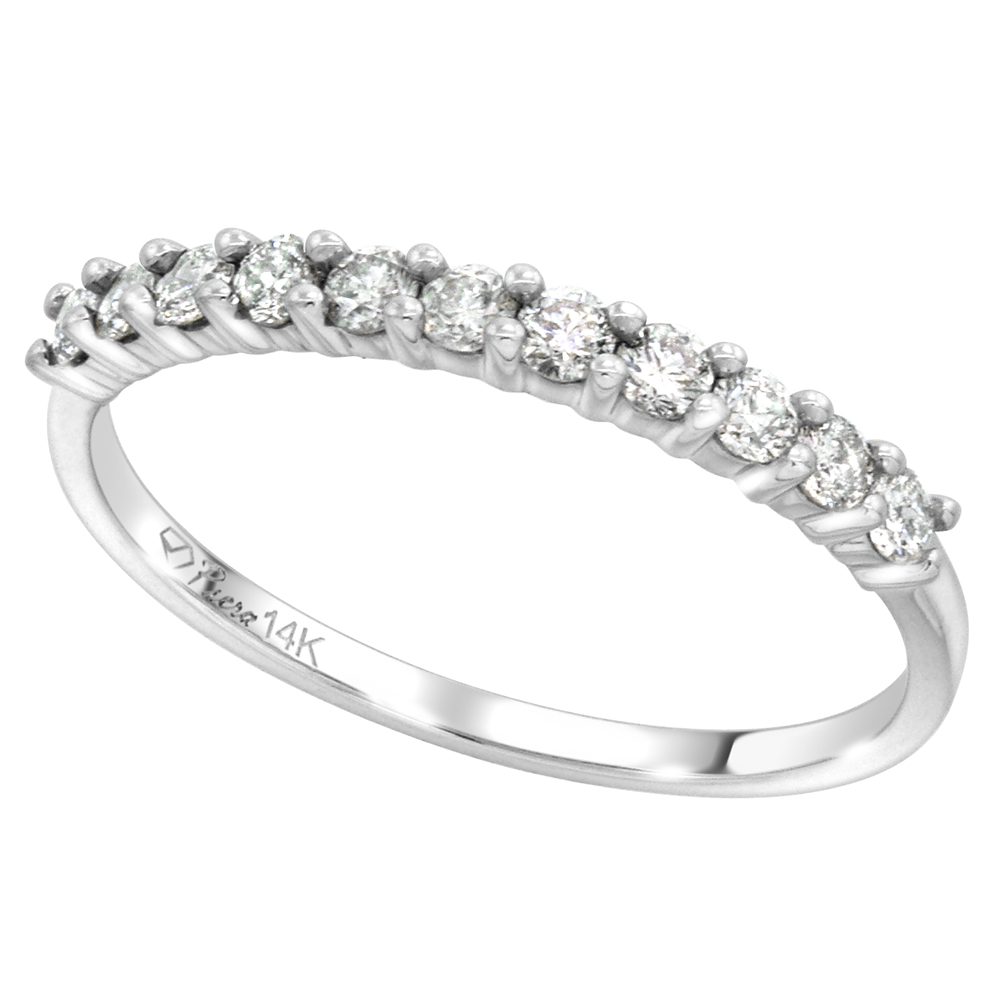 14k White Gold 0.42cttw Genuine Diamond 11-Stone Wedding Band Round Brilliant Cut 2mm, size 5-10