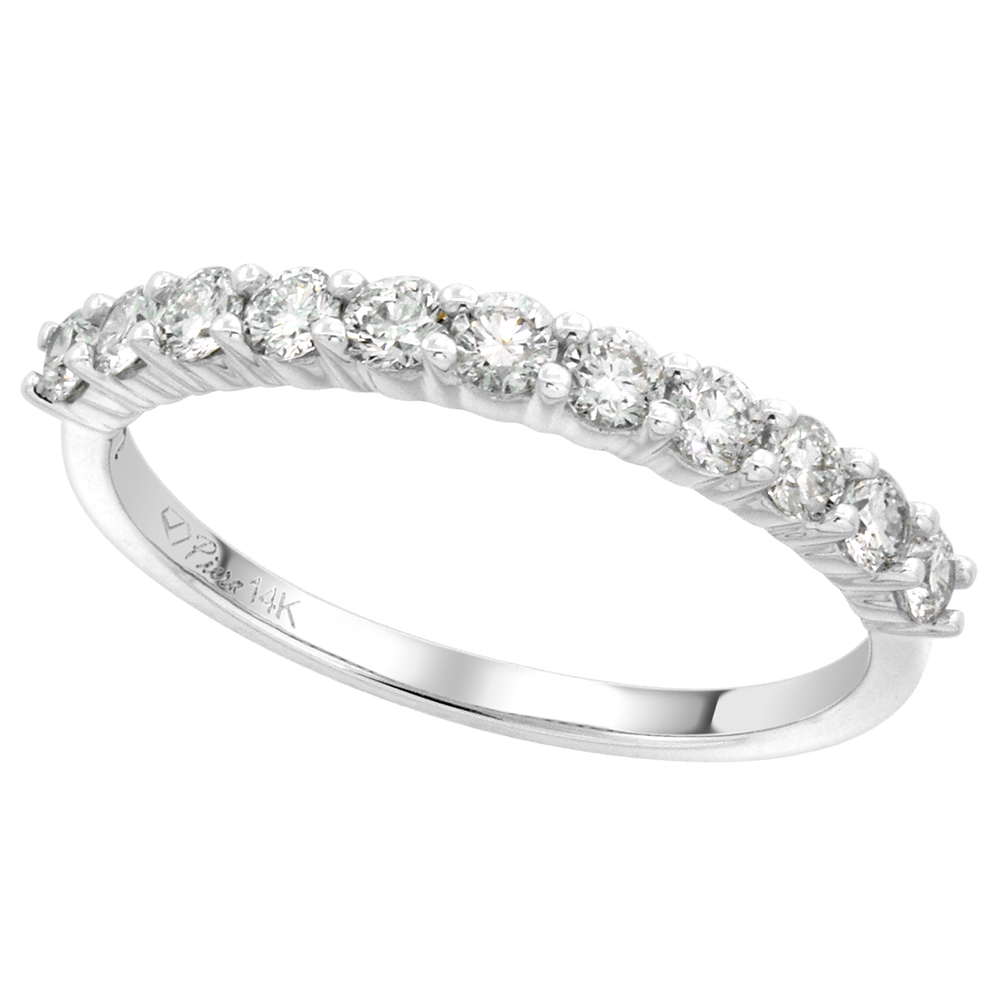 14k White Gold 0.7cttw Genuine Diamond 11-Stone Wedding Band Round Brilliant Cut 2.4mm, size 5-10
