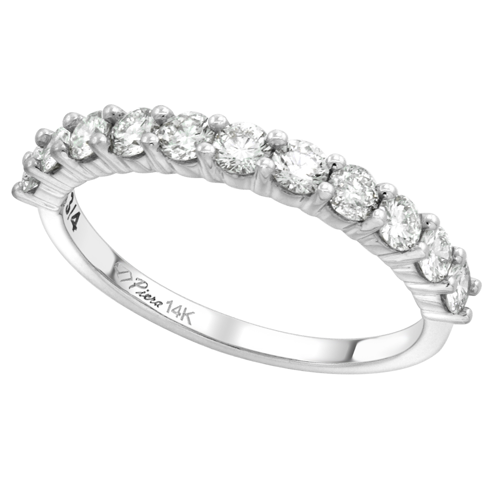 14k White Gold 0.94cttw Genuine Diamond 11-Stone Wedding Band Round Brilliant Cut 2.7mm, size 5-10