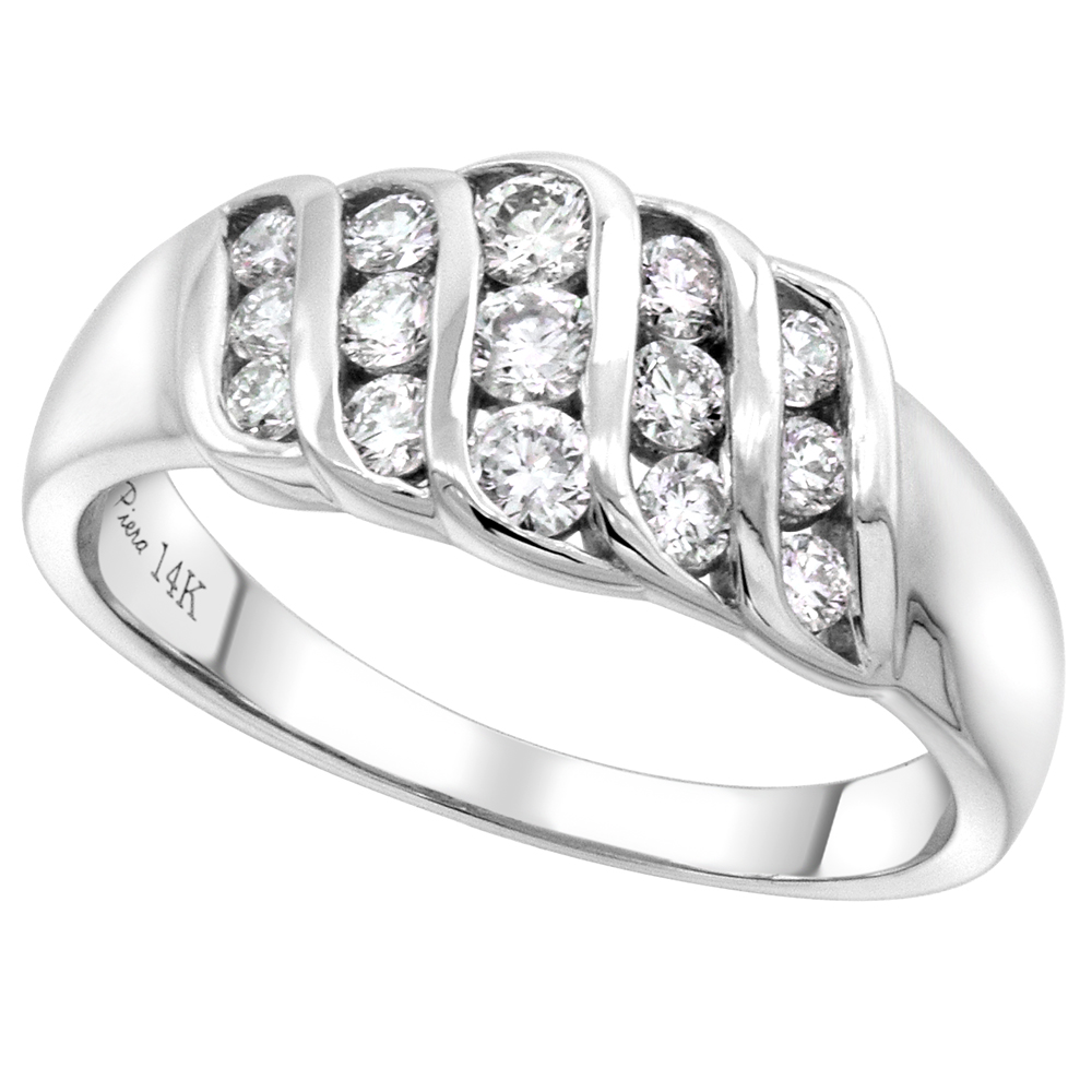 14k White Gold 0.6ct Genuine Diamond 15 Stone Ring 5-Vertical Row Round Channel Set 1.8-2.5mm, size 5-10