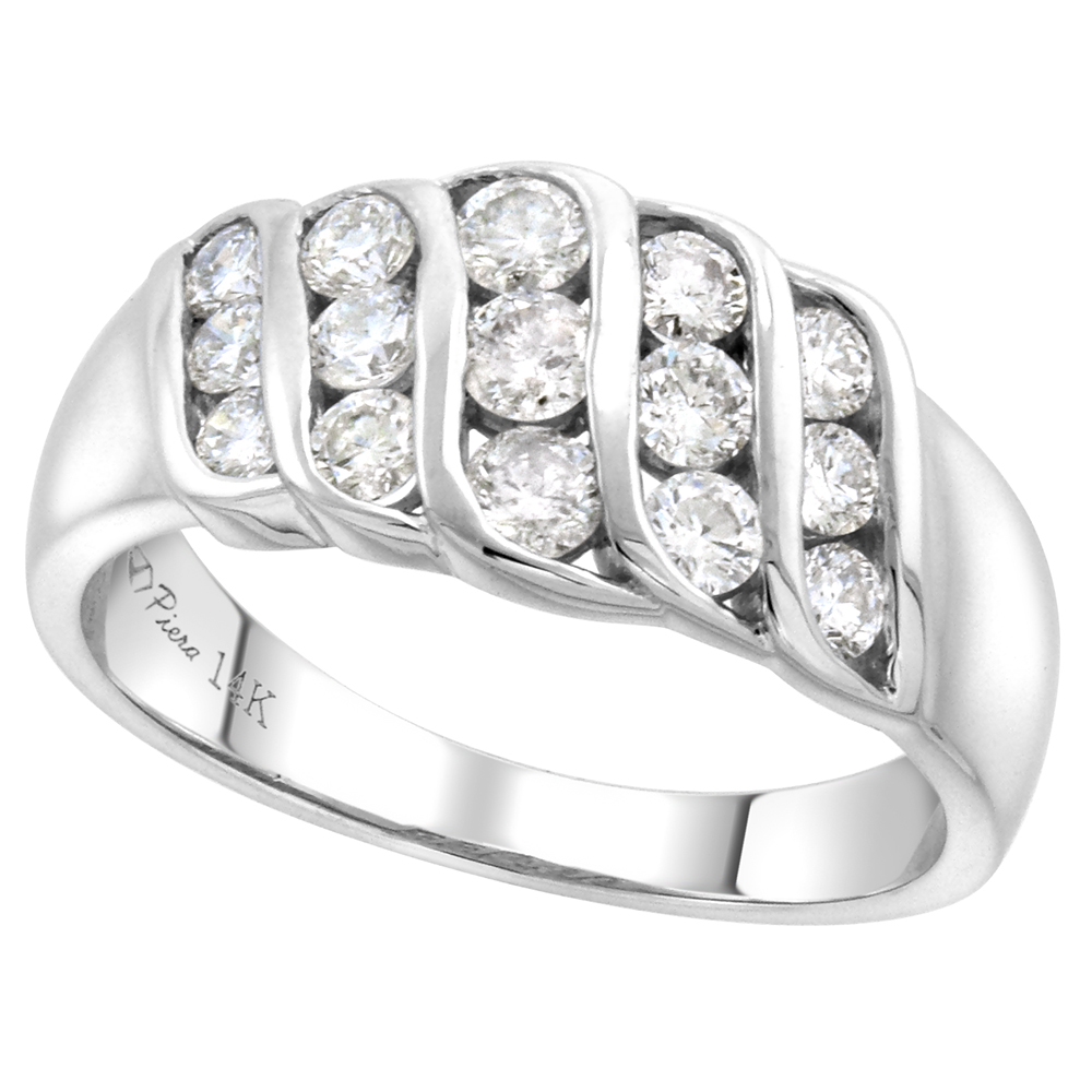 14k White Gold 0.95ct Genuine Diamond 15 Stone Ring 5-Vertical Row Round Channel Set 2.2-2.8mm, size5 -10