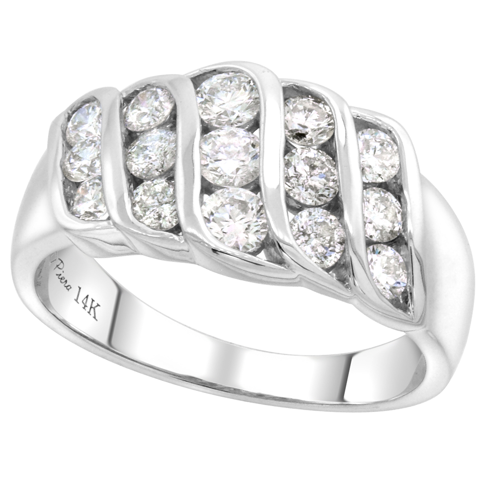 14k White Gold 1.2ct Genuine Diamond 15 Stone Ring 5-Vertical Row Round Channel Set 2.4-3mm, size 5 -10
