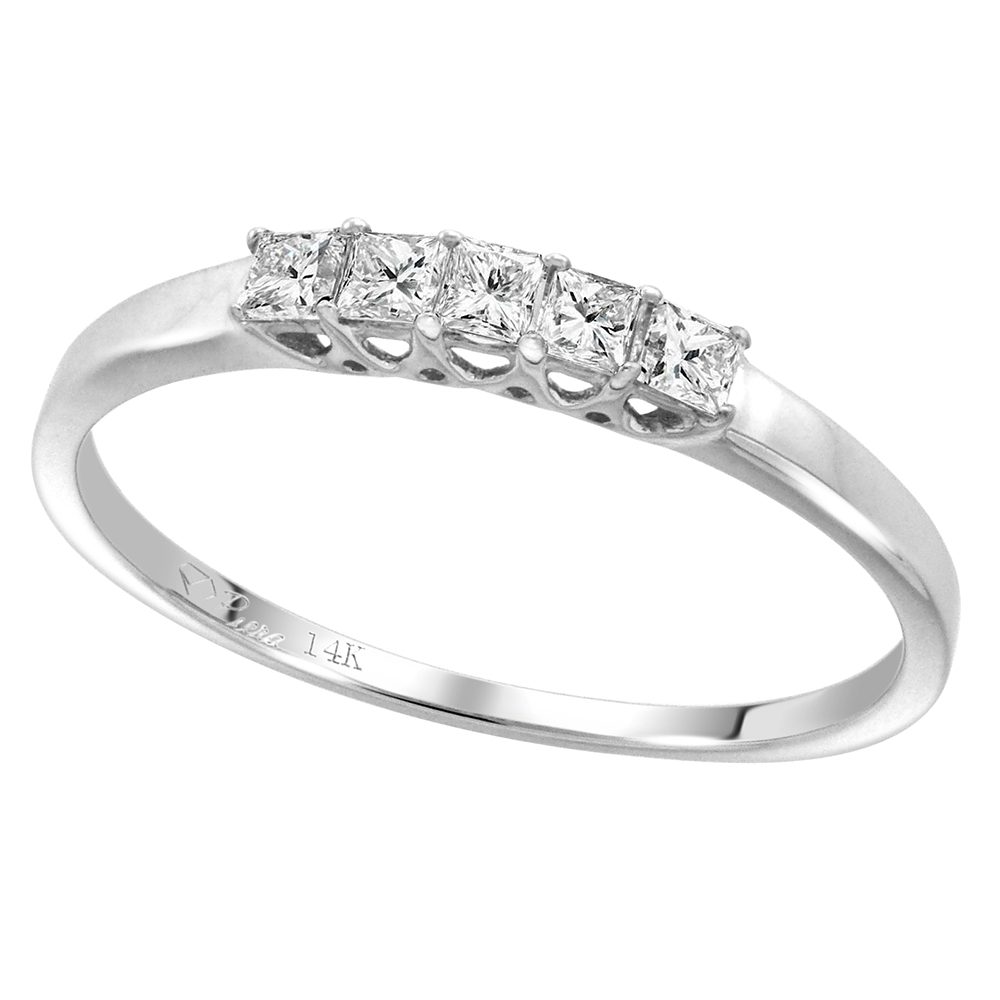 14k White Gold 5-Stone Princess cut Genuine Diamond Wedding Band 0.25ct 2x2mm, size 5-10