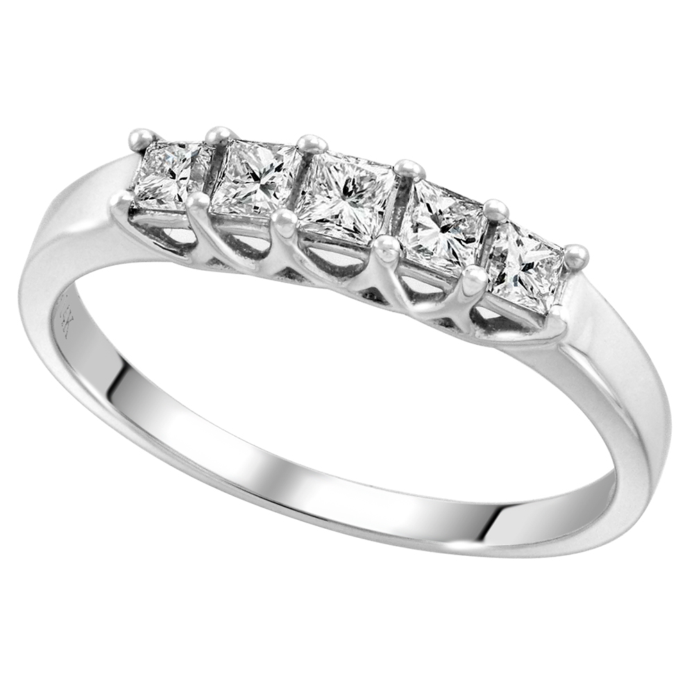 14k White Gold 5-Stone Princess cut Genuine Diamond Wedding Band 0.30ct 2.25x2.25mm, size 5-10