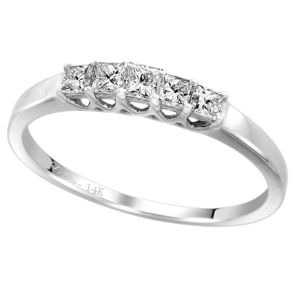 14k White Gold 5-Stone Princess cut Genuine Diamond Wedding Band 0.45ct 2.5x2.5mm, size 5-10