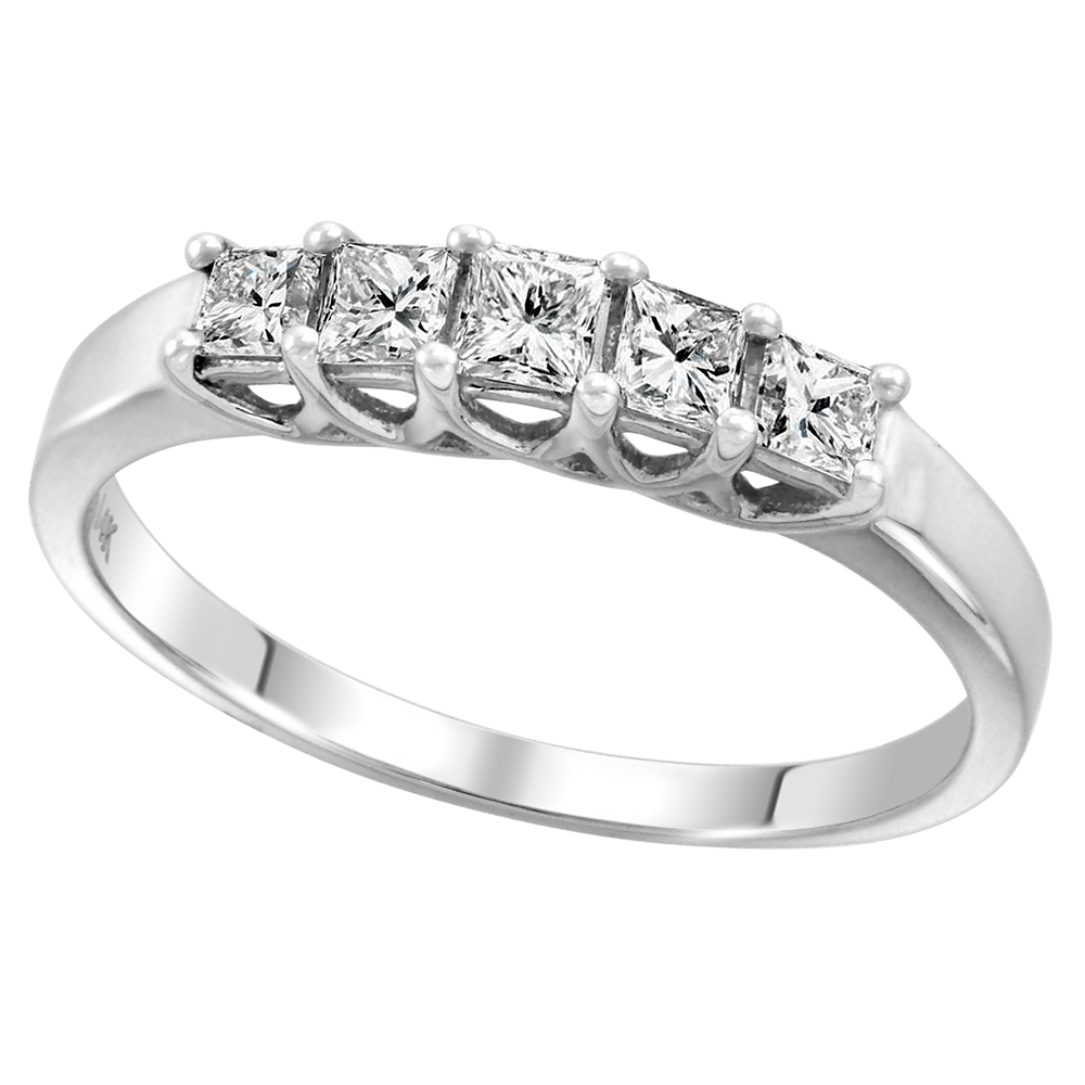 14k White Gold 5-Stone Princess cut Genuine Diamond Wedding Band 0.60ct 2.75x2.75mm, size 5-10