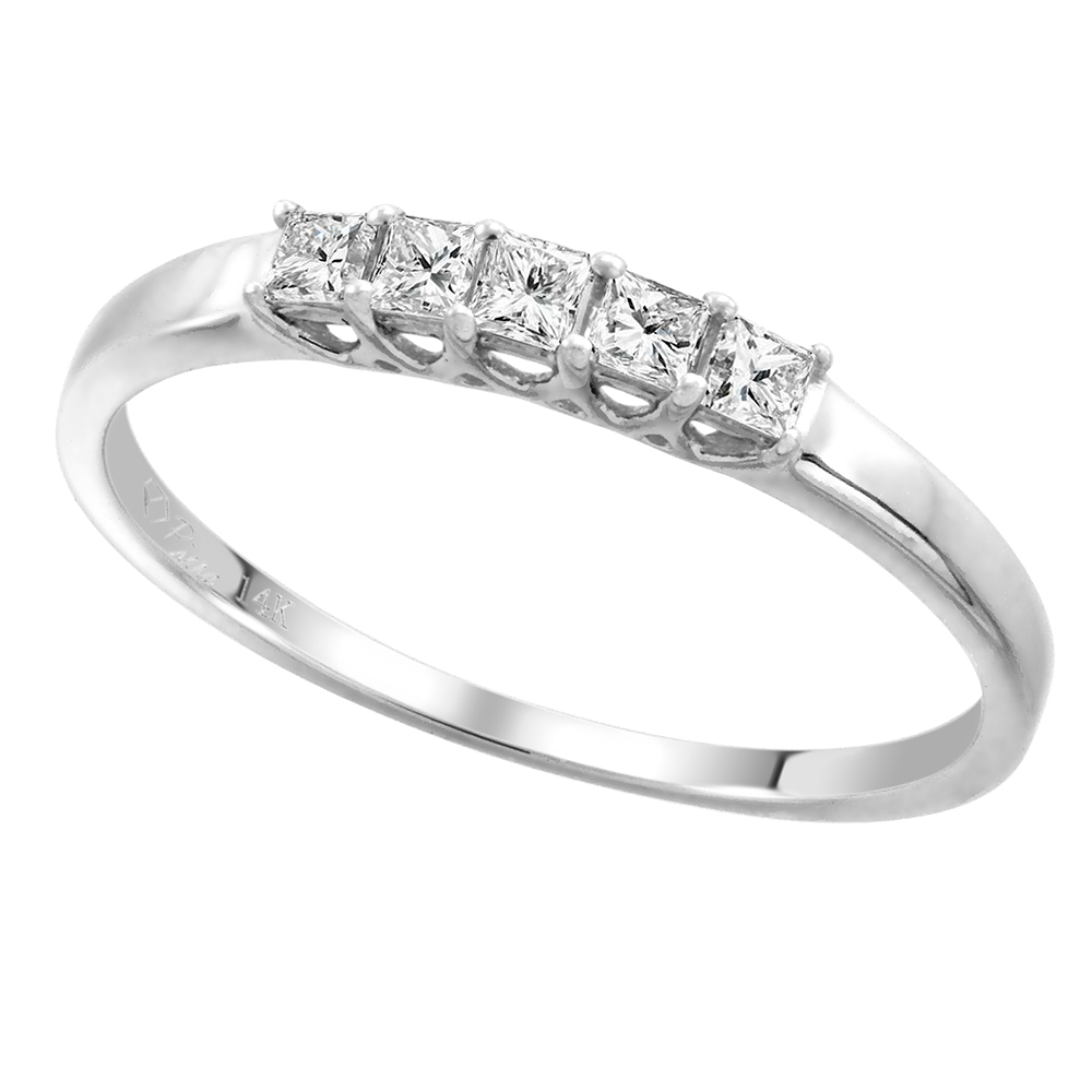 14k White Gold 5-Stone Princess cut Genuine Diamond Wedding Band 1ct 3.25x3.25mm, size 5-10