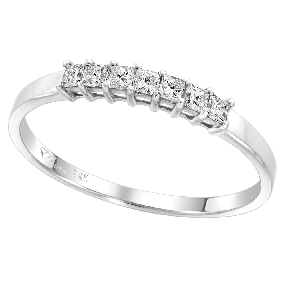 14k White Gold Princess cut 7-Stone Genuine Diamond Wedding Band 0.21ct 1.7x1.7mm, size 5-10