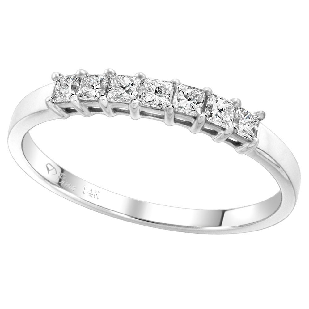 14k White Gold Princess cut 7-Stone Genuine Diamond Wedding Band 0.35ct 2x2mm, size 5-10