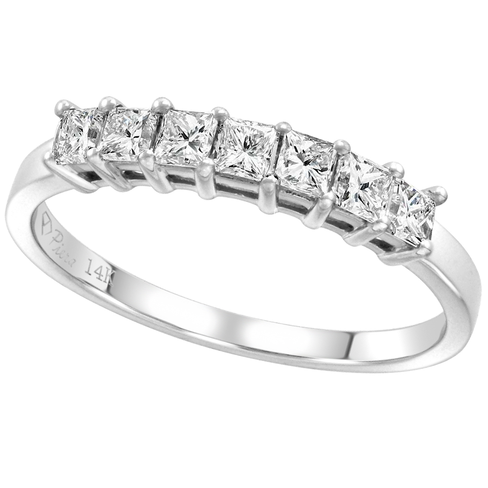 14k White Gold Princess cut 7-Stone Genuine Diamond Wedding Band 0.42ct 2.25x2.25mm, size 5-10