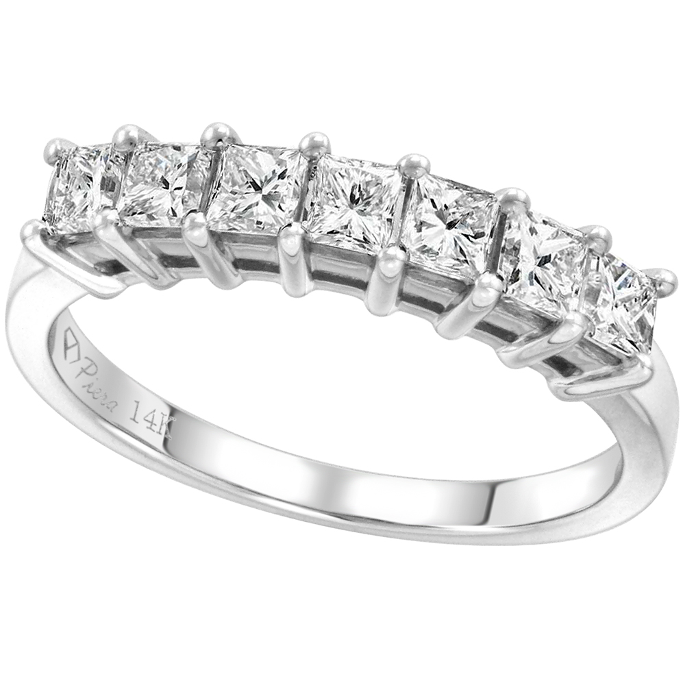 14k White Gold Princess cut 7-Stone Genuine Diamond Wedding Band 0.84ct 2.75x2.75mm, size 5-10