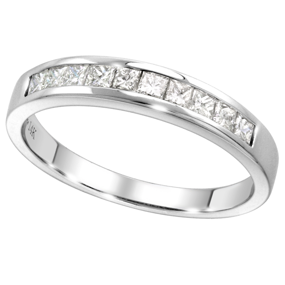 14k White Gold 0.5ct Princess cut Genuine Diamond 10-Stone Wedding Band Channel Set 2x2mm, size 5-10