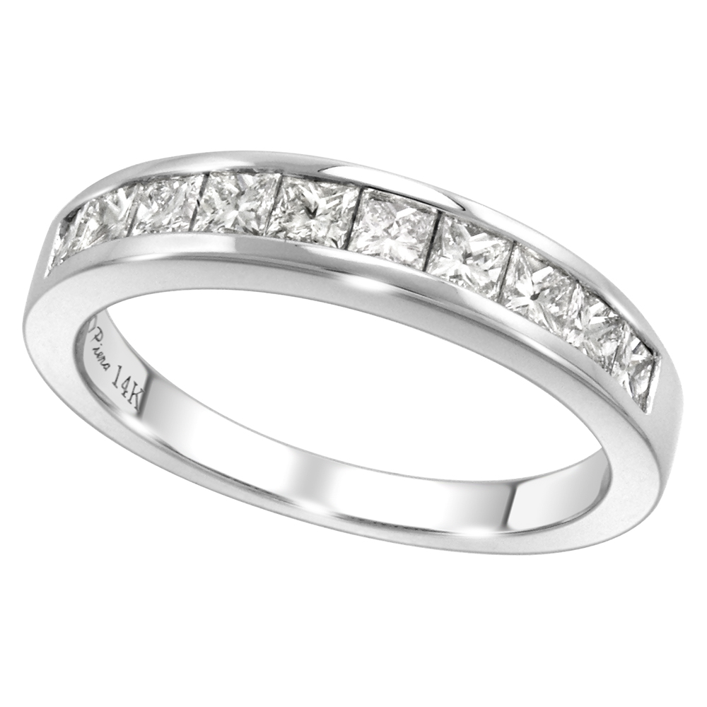 14k White Gold 0.9ct Princess cut Genuine Diamond 10-Stone Wedding Band Channel Set 2.5x2.5mm, size 5-10