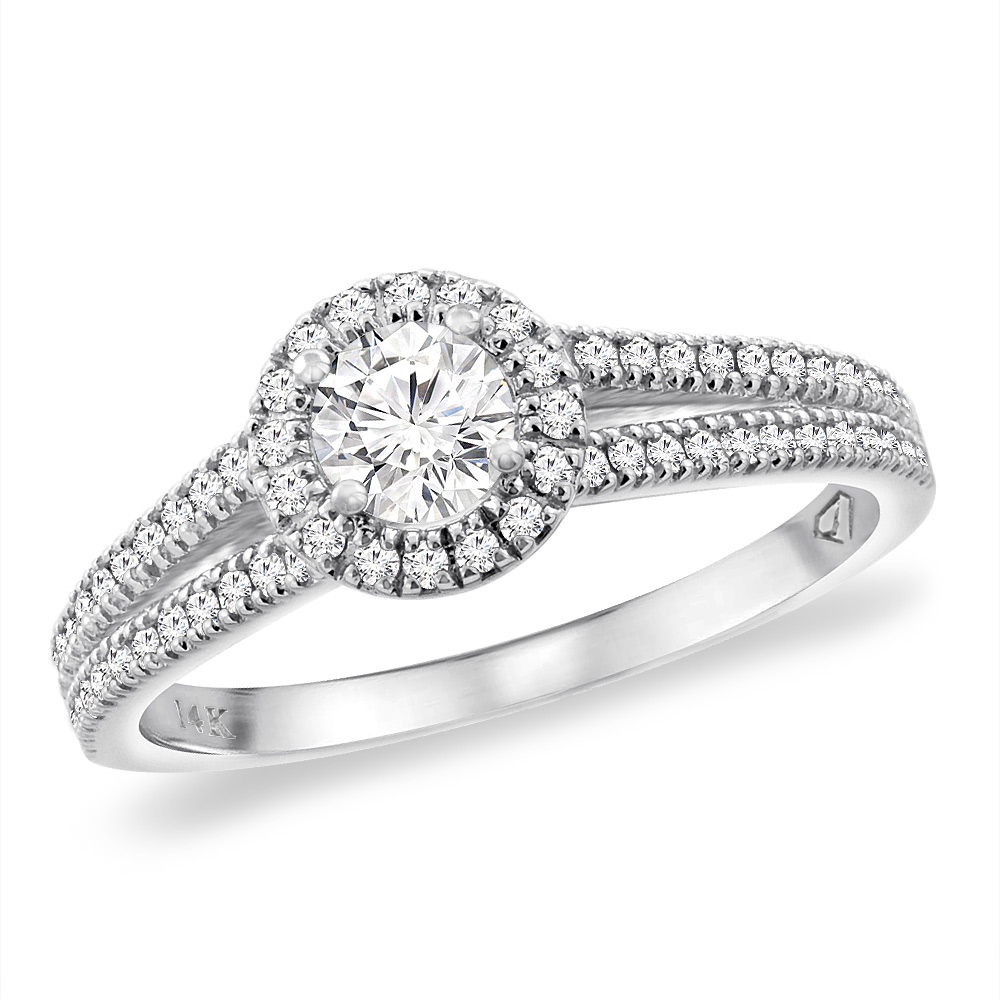14K White Gold 0.52 cttw Genuine Diamond Halo Split Shank Engagement Ring, sizes 5 -10