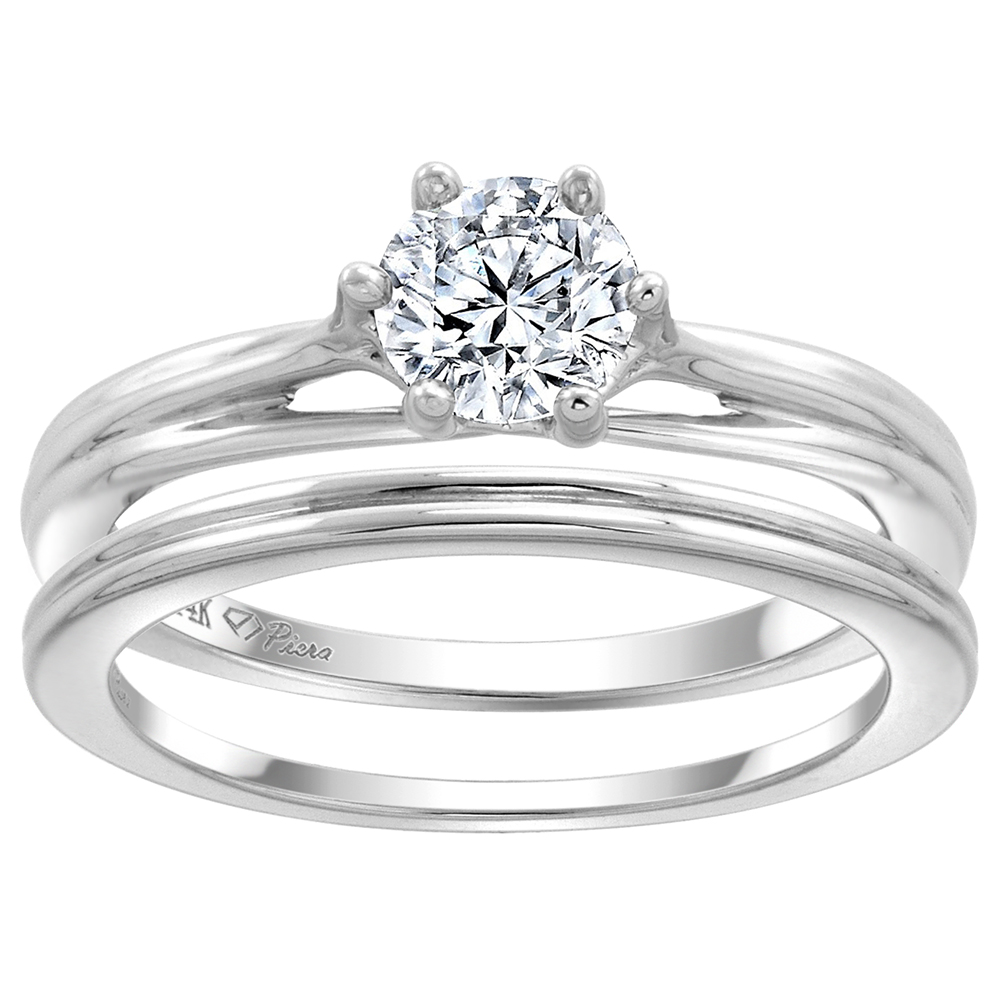 14k White Gold 0.74cttw Genuine Diamond Solitaire Engagement 2pc Ring Set, size 5-10