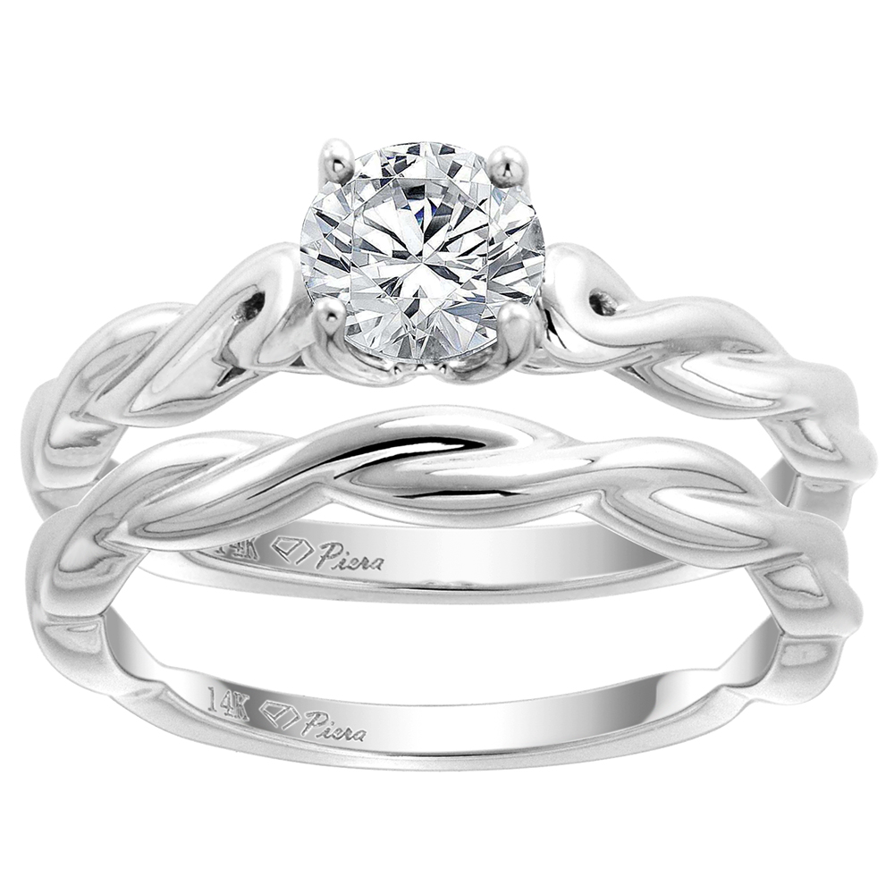 14k White Gold 0.74 carat Genuine Diamond Solitaire Engagement 2pc Ring Set Twisted Shank, size 5-10