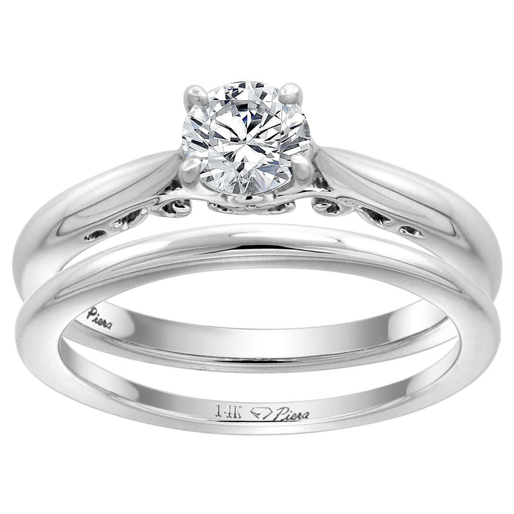 14k White Gold 0.74cttw Genuine Diamond Solitaire Engagement 2pc Ring Set Round Brilliant cut, size 5-10