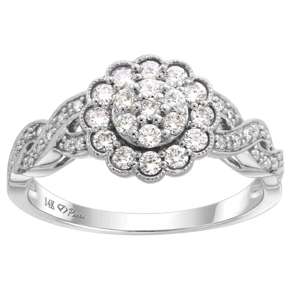 14k White Gold 0.48cttw Genuine Diamond Halo Flower Engagement Ring Infinity Shank, size 5-10