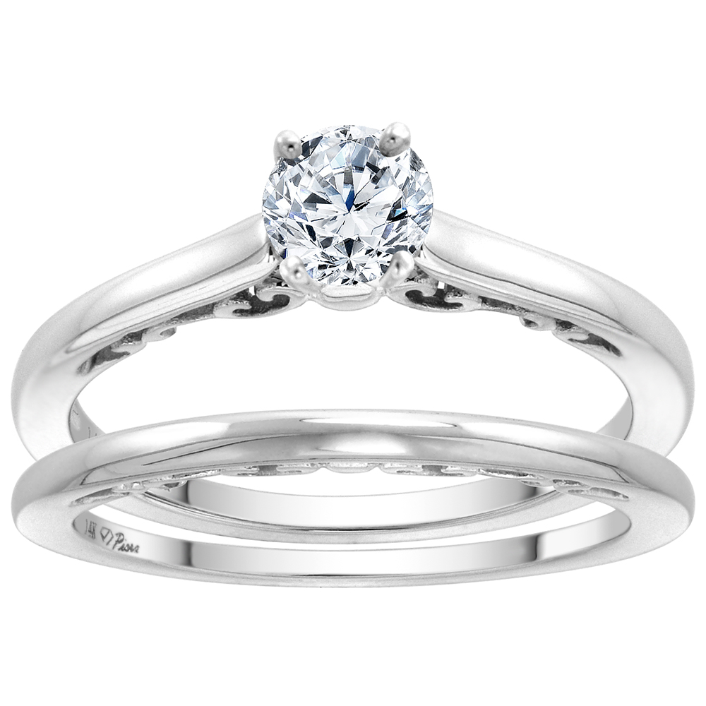 14k White Gold 0.25 carat Genuine Diamond Solitaire Engagement 2pc Ring Set Round 4mm, size 5-10