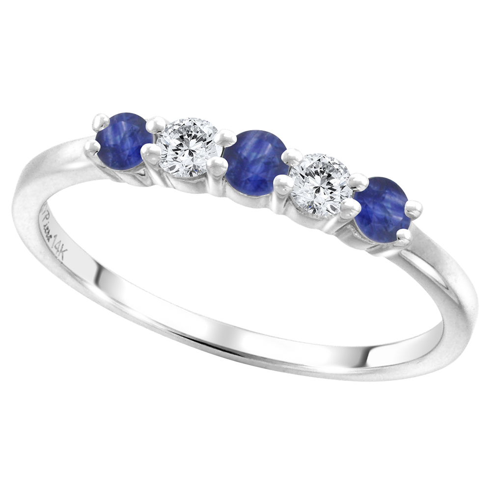 14k White Gold Genuine Blue Sapphire and Diamond 5-Stone Ring Round Brilliant cut 0.17ct 2.7mm, size 5-10