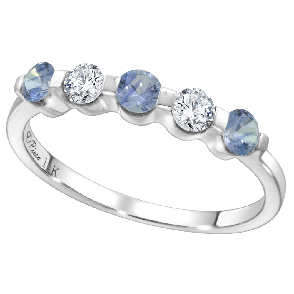 14k White Gold 0.23ct Diamond & Genuine Lt Blue Sapphire 5-Stone Ring Round Brilliant cut 3mm, size 5-10