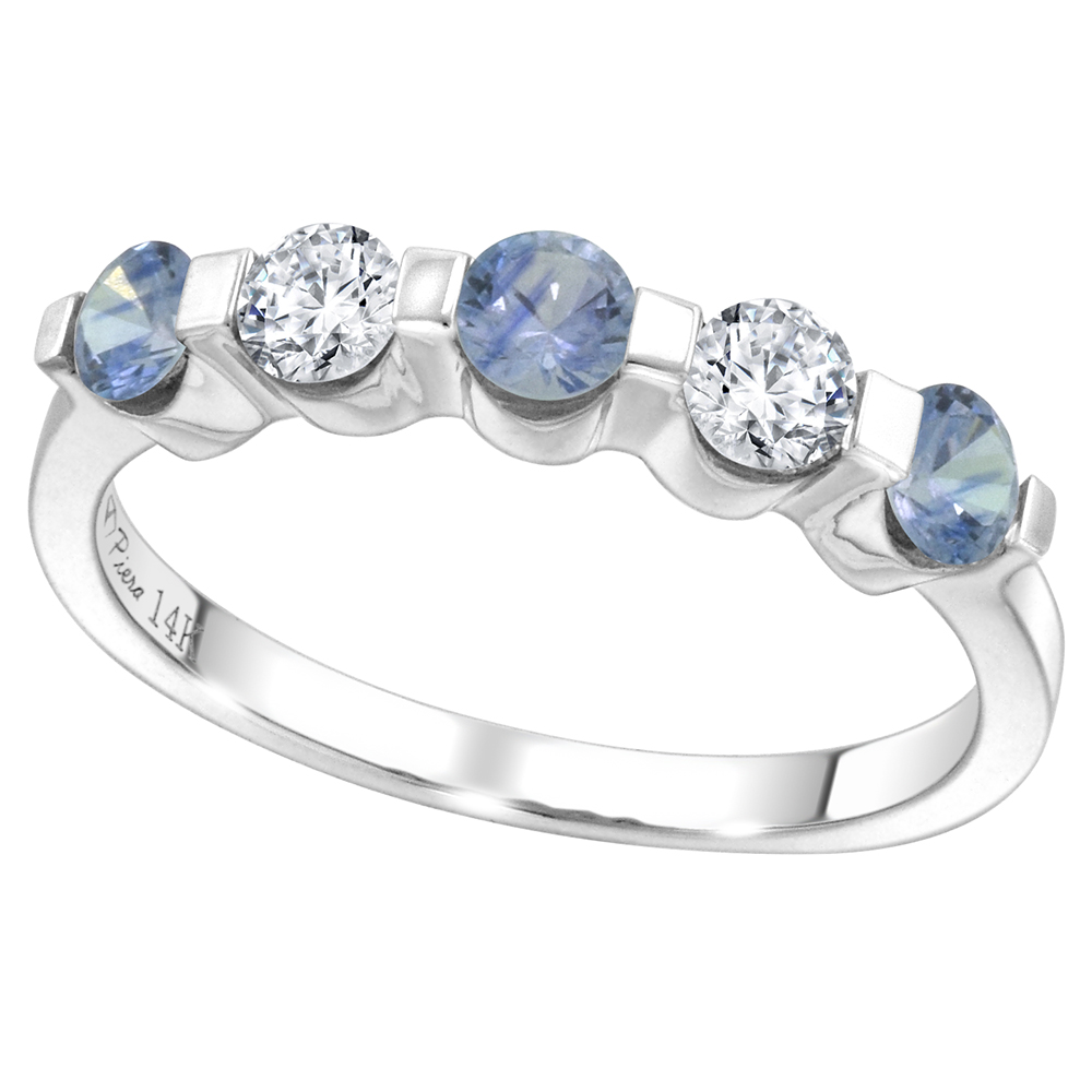 14k White Gold 0.33ct Diamond & Genuine Lt Blue Sapphire 5-Stone Ring Round Brilliant cut 3.4mm, size5-10